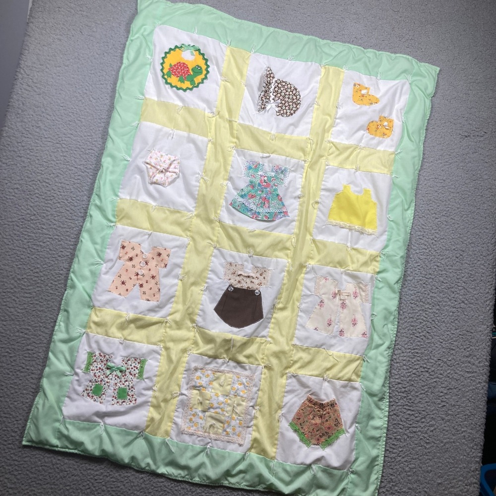 Handmade Vintage Baby Lap Quilt Green Yellow 3D Applique Patchwork Blanket FLAW